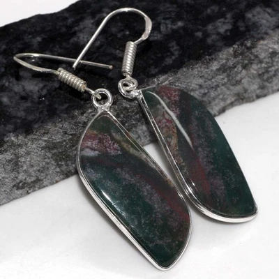 Bloodstone 925 镀银宝石手工耳环 2 英寸礼品珠宝 JW — 第 1/3 张图片