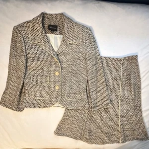 Vintage Biacci 100% Silk Tweed Women’s Skirt Suit 8 beige tan black USA made - Picture 1 of 15