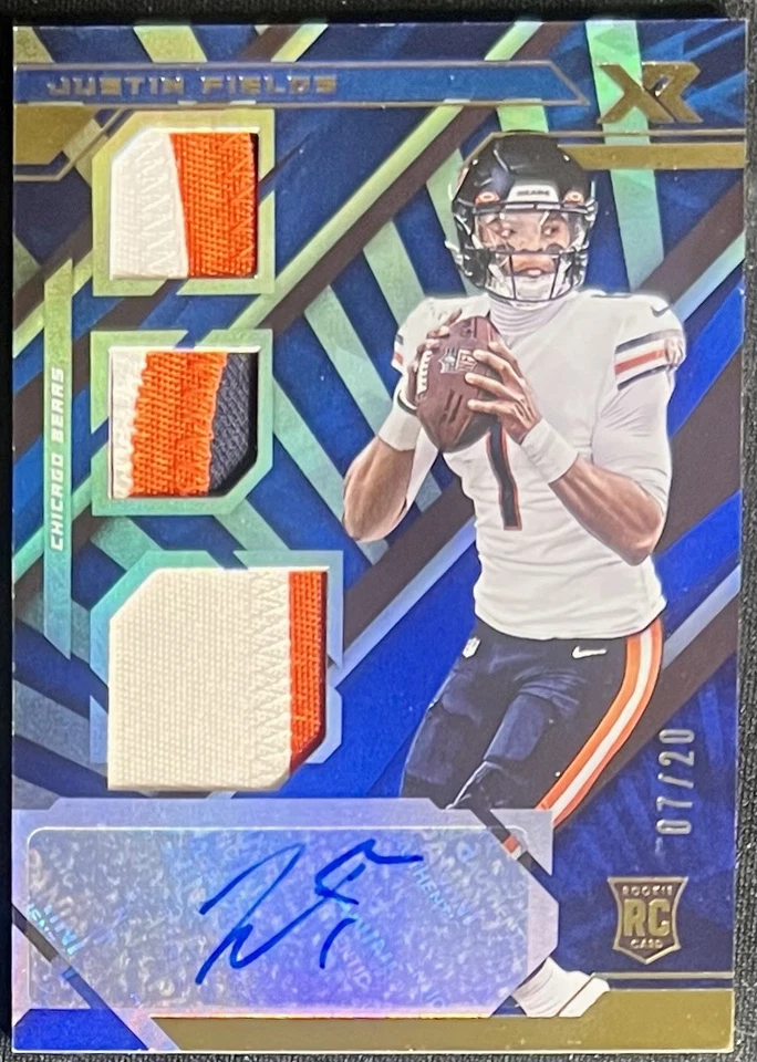 2021 PANINI XR TRIPLE 3-COLOR JERSEY SWATCH BLUE JUSTIN FIELDS ROOKIE AUTO /20 - Image 1 of 2