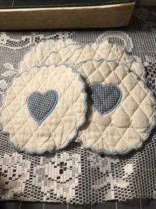 Handgefertigte Vintage Stoff Untersetzer 5er Set Weiß Blau Herzen Country  - Bild 1 von 9