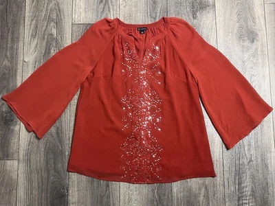 Top New Directions Rojo Naranja Cuello en V con Lentejuelas Talla S Mangas Acampanadas Forrado Otoño Foto 1 de 4