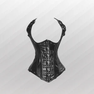 Genuine Leather Overbust Corset with Straps & Buckles Steel Boned Waist Trainer - Picture 1 of 4