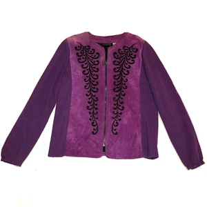 EMBROIDERED SUEDE PURPLE JACKET SZ S KNIT SLEEVES WEARABLE ART BOB MACKIE - Picture 1 of 4