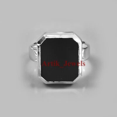 Natural Black Onyx Gemstone With 18k White Gold Plated Silver Men's Ring #1081 - Image 1 of 4