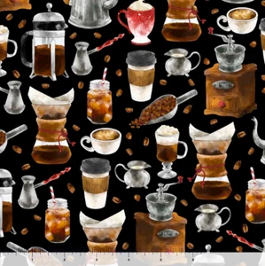 PERFECT BLEND EVERYTHING COFFEE ON BLACK QUILTING TREASURES COTTON FABRIC HY - Picture 1 of 1