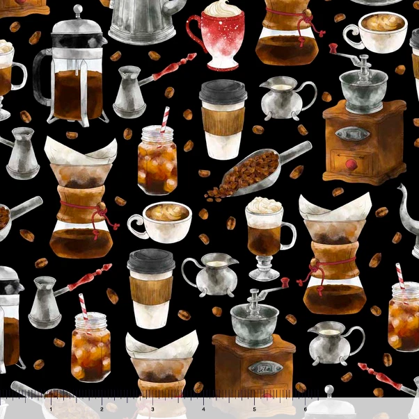 PERFECT BLEND EVERYTHING COFFEE ON BLACK QUILTING TREASURES COTTON FABRIC HY - Image 1 of 1