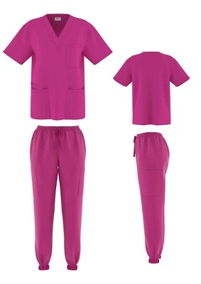Unisex STRETCH Jogger Scrub Set Solid V-Neck Top Men Women Medical Nurse Uniform - Image 1 of 4