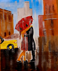 Original Painting Romantic Kiss City Art Rainy Artwork Woman Man Artwork