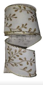 2.5 inch x 10 yards, Ivory/Cream & Gold Wired Ribbon - Picture 1 of 3