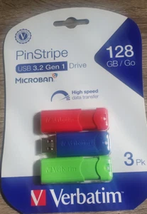 Verbatim PinStripe 128GB USB 3.2 Type-A Flash Drive Red/Green/Blue 3/Pack New! - Afbeelding 1 van 1