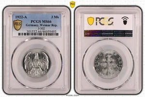 Weimar 3 Mark Aluminium J.302 1922 A Brilliant Uncirculated PCGS MS66 90032 - Picture 1 of 1