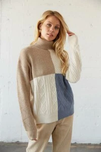 *American Threads Womens Cream Beige Tyler Colorblock Turtleneck Sweater Size: M - Picture 1 of 7