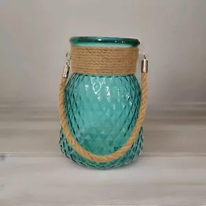 Rustic Blue Glass Lantern Vase - Nautical Rope Handle - Coastal Farmhouse Decor - Picture 1 of 2