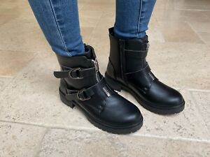 Chunky Ankle Boot Buckle Strap Zip Fastening Womens LS3179 Black size UK 3 EU 36