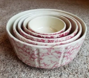 Antique Morton Pottery Illinois Red and White Spongeware Bowls - Set of 5 - EUC - Picture 1 of 24