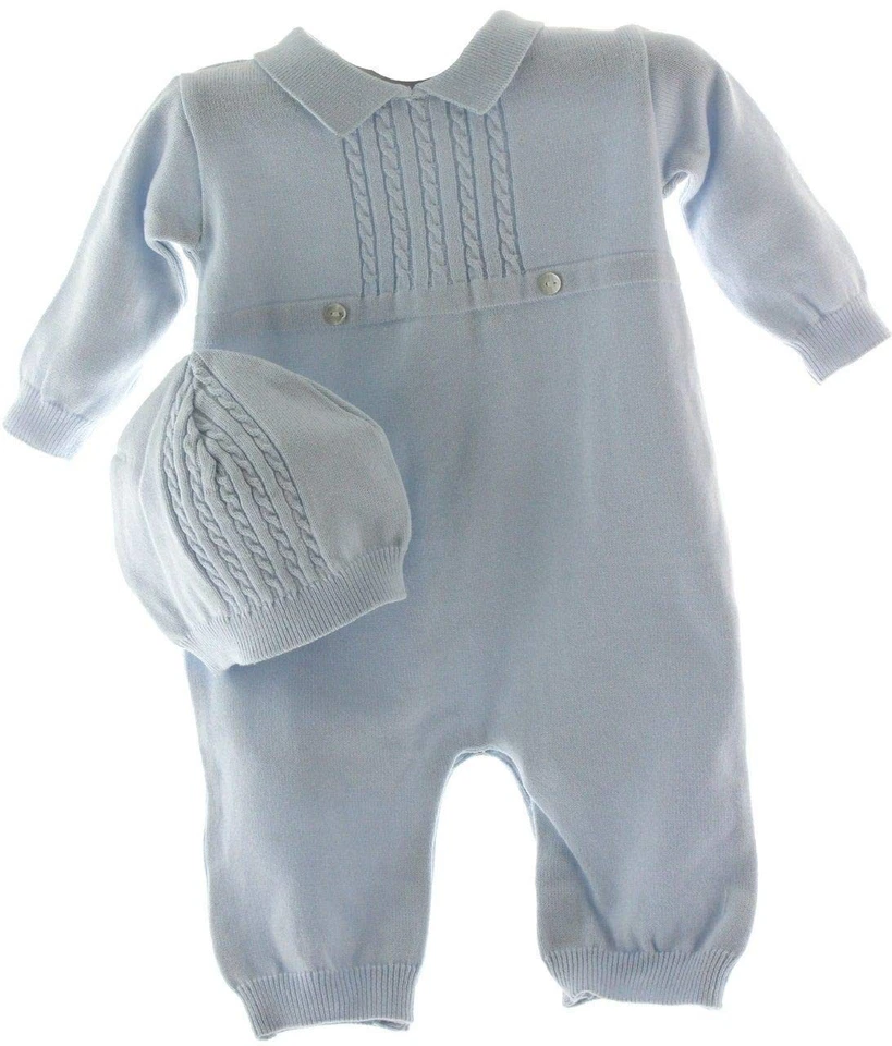 Blue Knit Boys Coverall with Cable Design & Cap (Newborn) - Image 1 of 1