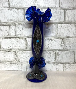 EINZIGARTIGE KOBALTBLAUE GEKRÄUSELTE METALLPERLEN KUNSTGLAS Vase Vintage - Bild 1 von 16