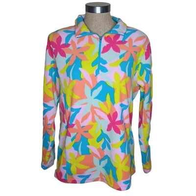 Lands' End Women's Colorful Floral Oeko-Tex Fleece Sweater Size XL Warm Qtr Zip - Image 1 of 4