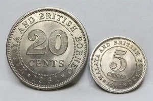 MALAYA BRITISH BORNEO Malaysia Britain lot 5 & 20 cents 1961 UNC Elizabeth #C79 - Picture 1 of 6