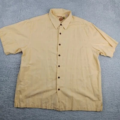 Caribbean Shirt Mens Extra Large Yellow Textured Hawaiian Floral Button-Up Silk - Image 1 of 4