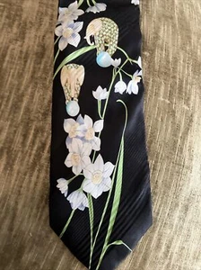 LEONARD Paris Floral Black Floral Silk Tie Elephants 71076 - Picture 1 of 6