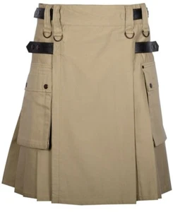 Men's Cotton Utility Kilt Handmade Tactical Kilt 2 Cargo Pockets Kilts Skirts - Picture 1 of 22