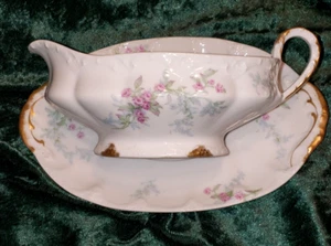 Theodore Haviland Limoges France Pink Blue Gold Accents Gray Boat & Underplate - Picture 1 of 4