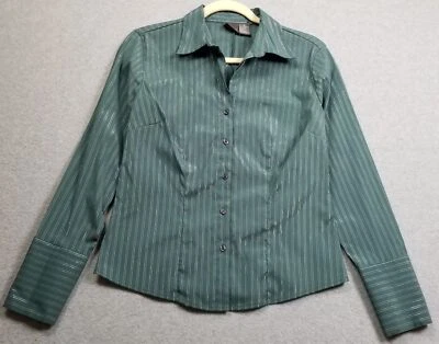 Camisa Copper Key Abotonada Para Mujer Mediana M Verde Plata Rayas Elastizada Carrera Foto 1 de 4