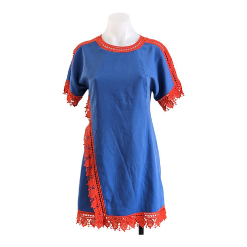 Tory Burch taglia 2 Marissa Shift mini abito blu arancione pizzo orlo maniche corte