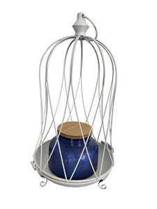 NWT Primitive Farmhouse RUSTIC WHITE WIRE BIRD CLOCHE Candle Holder Bird Cage - Picture 1 of 4