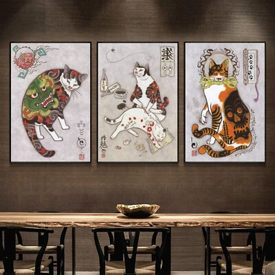 Set 3 Silk Canvas Tattoo Cat Samurai Japan Ukiyoe Art Paint Poster Decor P216 - Image 1 of 4