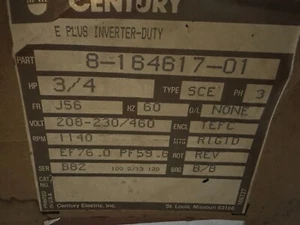 NEW CENTURY E PLUS INVERTER DUTY MOTOR 3/4 HP 3 PHASE 1140 RPM 60 HZ - Picture 1 of 7