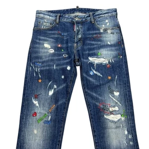 Dsquared2 Slim Jeans Mens Size 34x31 Blue Distressed Embroidered Sexy Twist - Picture 1 of 10