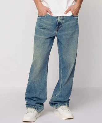 Jeans holgados de pierna ancha Azzure Love Life 34x34L con cremallera lavado medio azul para hombre Foto 1 de 4