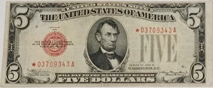 1928 5 Dollars United States Star Replacement B Series SN# *03709343A Banknote - Picture 1 of 4