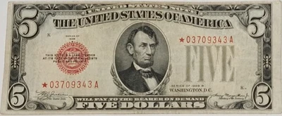 1928 5 Dollars United States Star Replacement B Series SN# *03709343A Banknote - Image 1 of 4