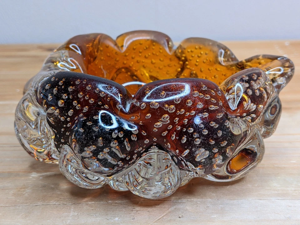 60s 70s Vintage Glass Ash Tray Bowl Dish Murano Controlled Bubble Amber Retro - Image 1 of 4