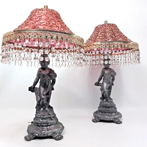 Pair Crystal Fringe Pink Shade Cherub Statue Lamps Brass Hollywood Regency - Bild 1 von 8