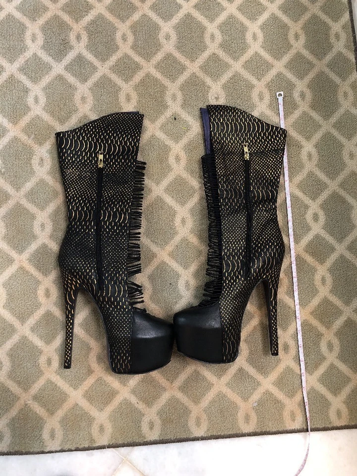 London Trash Crucify Wedge Strappy High Heel  Leather Boots 8 Gold Snake Black - Image 1 of 4