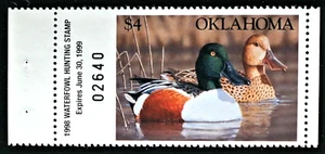 1998 Oklahoma State "Hunter Style" Duck Stamp, OK19, Northern Shovelers - Picture 1 of 2