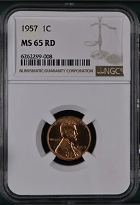1957  1C RD   Lincoln Wheat One Cent NGC MS65RD  6262299-008 - Picture 1 of 2