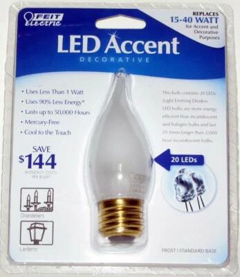 (12 LOT) Accent LED 1.1W CA9.5 Frost Flame-Tip Candelabra E26 BPEFF/LED 20-LEDS - Image 1 of 3