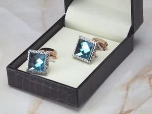 Men's Square Blue Gemstone Cufflinks in 2 Finishes with Gift Box - Picture 1 of 10
