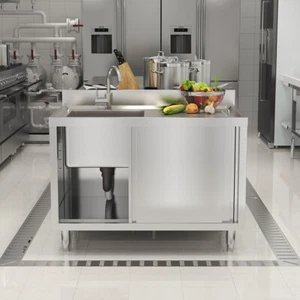 Single Bowl Commercial Kitchen Cabinet Stainless Steel Cupboard w/Sliding Door - Picture 1 of 12