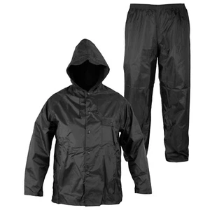Rain Suit Waterproof Hood Mens Ladys 2 pc Jacket Trousers Black - Picture 1 of 18