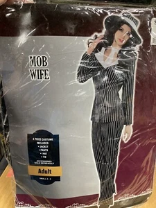 Mob Wife Adult S 4pc Costume Halloween Jacket Pants Hat Necktie Black/White - Picture 1 of 9