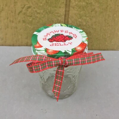 Tarro de gelatina punto de cruz tapa media pinta fresa borde de metal vidrio enlatado a cuadros Bo Foto 1 de 4