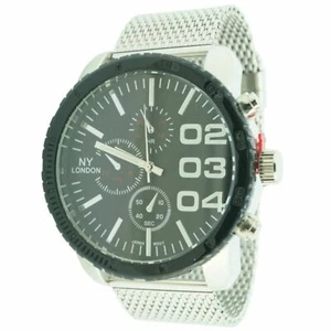 NEW NY London 4777 Mens 02 03 04 Big Hour Black Dial Silver Mesh Band 51mm Watch - Picture 1 of 1