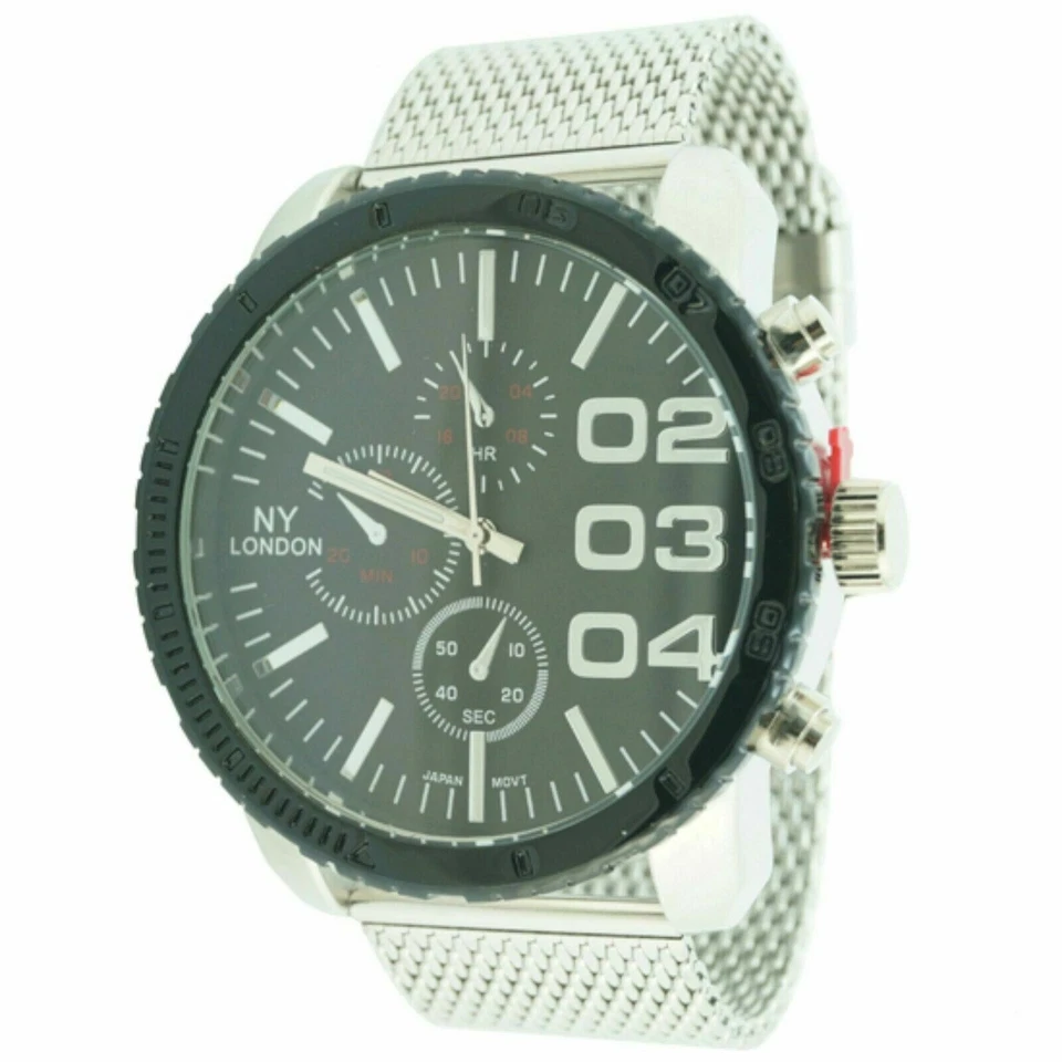 NUEVO NY London 4777 Reloj Para Hombres 02 03 04 Big Hour Esfera Negra Banda de Malla Plateada 51mm Foto 1 de 1