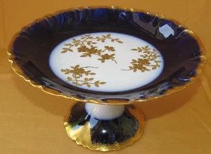 Coupe compotier assiette montée porcelaine Limoges bleu de four décor fleurs or - Imagen 1 de 12